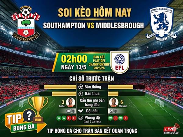 Soi kèo hôm nay Southampton vs Middlesbrough ngày 13/5